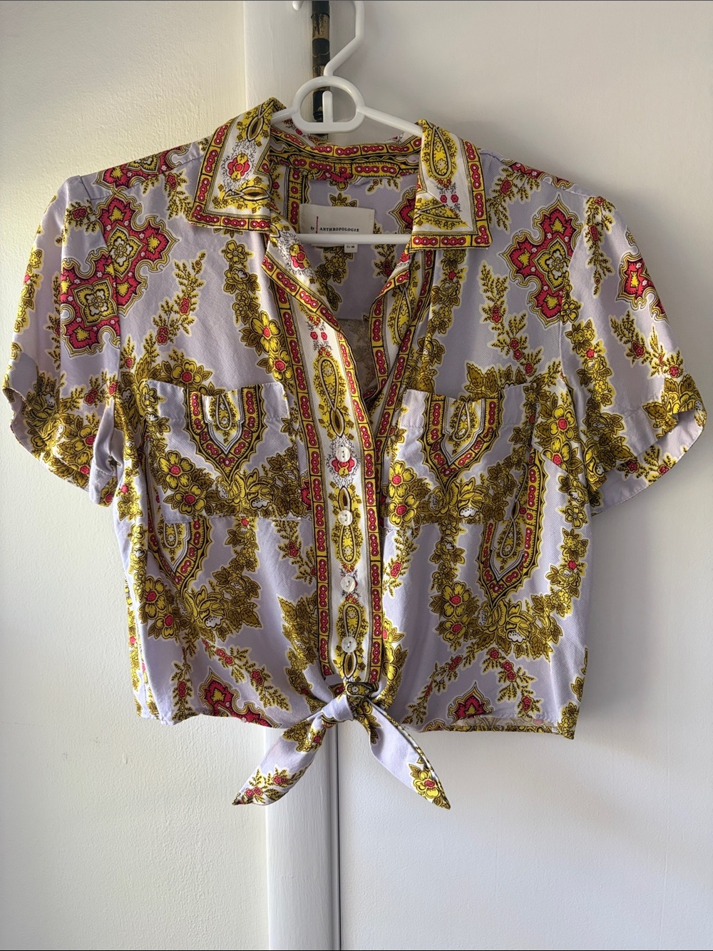 Anthropologie Short Tie-Front Button Shirt - Lavender with Gold & Pink Print